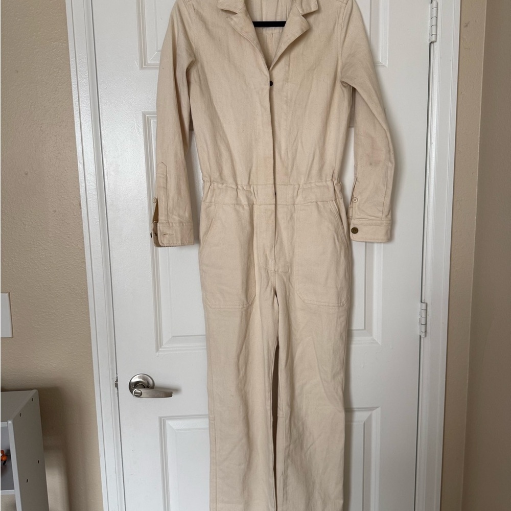 Faherty Denim Jumpsuit Overland Twill Utility Cotton in Off White Size XS - Picture 4 of 15